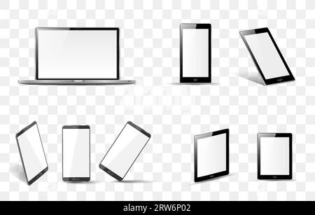 smartphone, tablet and laptop set with blank screen saver isolated on white background. realistic and detailed devices mockup. stock vector Stock Vector