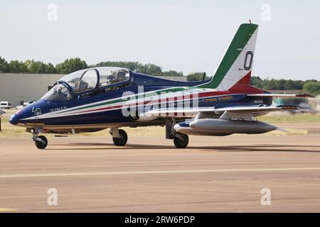MM54539, an Aermacchi MB-339PAN operated by the Frecce Tricolori, the aerobatic demonstration team of the Italian Air Force (Aeronatica Militare), arriving at RAF Fairford in Gloucestershire, England to participate in the Royal International Air Tattoo 2022 (RIAT 22). Stock Photo