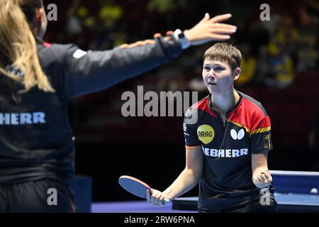 Munich, Germany. 18th Aug, 2022. Table Tennis: European Championship,  Doubles, Women, Final, Samara/Dragoman (Romania) - Polcanova  (Austria)/Sz·cs (Romania): Sofia Polcanova and Bernadette Szocs (r) in  action. Credit: Kolbert-Press/Gamel/dpa/Alamy Live