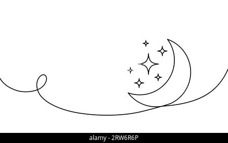Moon continuous one line art icon. Hand drawn black moon isolated on white background. Hands drawing graphic element crescent. Draw symbol for design Stock Vector