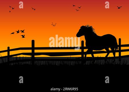Farm horse grazing at meadow behind wooden fence. Sunset scene on ranch.Stallion silhouette at orange sky.Night pasture.Paddock for equine farm.Vector Stock Vector