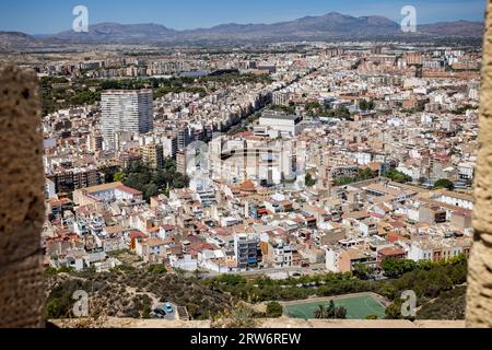 View of downtown inland Alicante and the Bullring from the hilltop Castle Santa Barbara in Alicante, Spain on 29 August 2023 Stock Photo