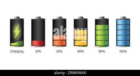 Realistic alkaline battery set icon in flat style. Diffrent size accumulator vector illustration on isolated background. Accumulator recharge sign bus Stock Vector