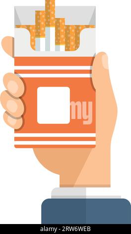 Hand holding packet of cigarettes icon in flat style. Smoking vector illustration on isolated background. Tobacco box sign business concept. Stock Vector