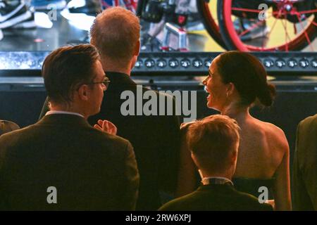 Düsseldorf, Germany. 16th Sep, 2023. Prince Harry, the Duke of Sussex, and Meghan, the Duchess of Sussex interact and watch the show. The Invictus Games Düsseldorf conclude with a closing ceremony at Merkur Spiel Arena. 21 nations participated in the games this year. Atthletes parade around the arena and participate, and there are performances from singers Sam Ryder and Rita Ora, as well as speeches from Prince Harry, German President Steinmeyer and other dignitaries. Credit: Imageplotter/Alamy Live News Stock Photo