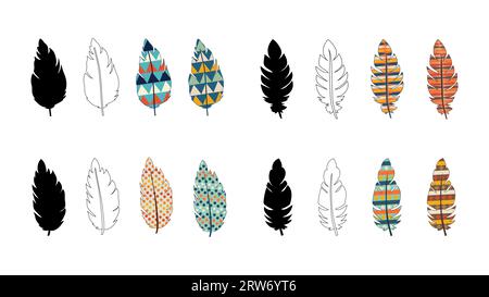 Big Set of Feathers. Tribal ethnic bright feathers of Indians. Stylized bird feathers. In color contour silhouette. Vector isolated on white. Indian culture. Design elements. Ornaments in boho style. Stock Vector