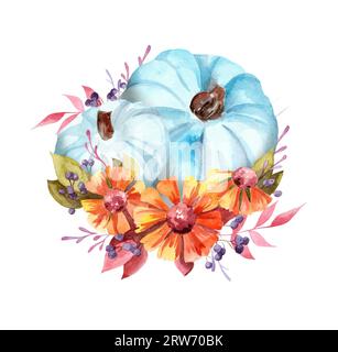 watercolor autumn illustration. Blue pumpkin, yellow flowers and berries on a white background. Thanksgiving Day. Harvest Stock Photo