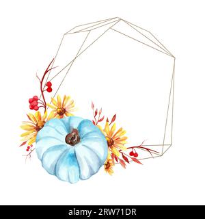 Watercolor round frame for design. Free space for text. Blue pumpkin, yellow flowers and berries. Thanksgiving Day. Harvest. Invitation template Stock Photo