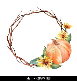 Watercolor round frame for design. Free space for text. Orange pumpkin, yellow flowers and berries. Thanksgiving Day. Harvest. invitation template Stock Photo