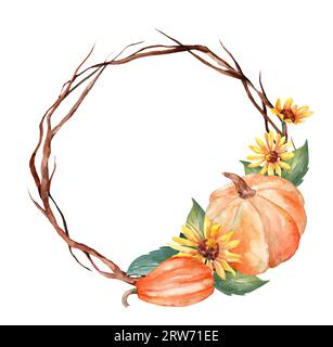 Watercolor round frame for design. Free space for text. Orange pumpkin, yellow flowers and berries. Thanksgiving Day. Harvest. invitation template Stock Photo