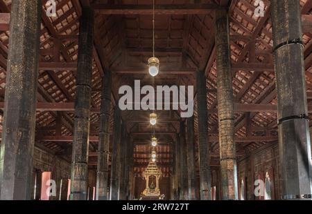 Phetchaburi, Thailand - May 14, 2022 - The Emerald buddha statue in the heritage house at Wat Yai Suwannaram temple. Selective focus. Stock Photo