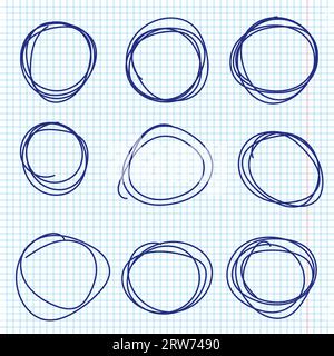 Hand drawn pen circles line sketch set on notebook pages. Drawing blue pen circular scribble doodle round circles. Vector illustration. Stock Vector