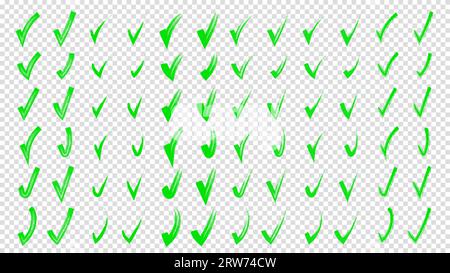 Brush hand drawn painted checkmarks set collection. Collection of hand doodle check marks ticks. Pencil green scribble sketches. Vector illustration. Stock Vector