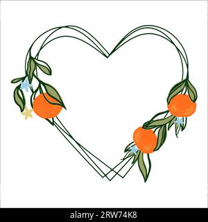 Orange summer fruit hearts wreath.Summer frame for card, tag or invite. Vector hand drawn illustration isolate on white background Stock Vector