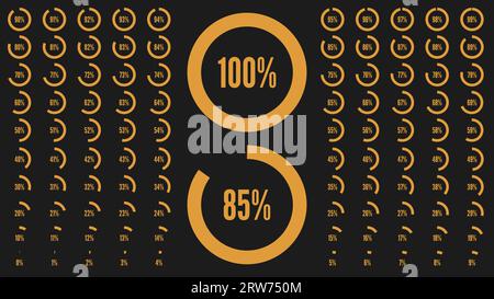 Percentage circle diagrams from 0 to 100. Orange signs on a black background. Big percent collection for user interface UI or business infographic. Se Stock Vector