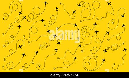 Aircraft tracking, plane path, travel, map pins, location pins. Airplane or aeroplane routes path set. Travel concept from start point and dotted line Stock Vector