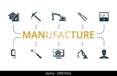 Manufacture set. Creative icons: architect tools, pickaxe, excavator, bolt cutter, ampere meter, clamp, tracing wheel, building design software Stock Vector
