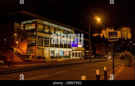 The Restaurant Panoramique and Casino at night in Dieppe , Normandy  Dieppe is a fishing port on the Normandy coast of northern France Stock Photo