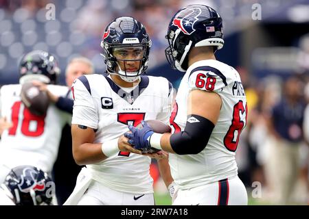 New Orleans, USA. 27th Aug, 2023. Houston Texans quarterback C.J. Stroud  (7) sets up behind center Jarrett Patterson (68) during a National Football  League preseason game at the Caesars Superdome in New