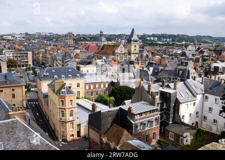 A view across Dieppe with its three main churches  from the chateau  , Normandy , France Dieppe is a fishing port on the Normandy coast of France Stock Photo