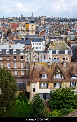 A view across Dieppe with its three main churches  from the chateau  , Normandy , France Dieppe is a fishing port on the Normandy coast of France Stock Photo