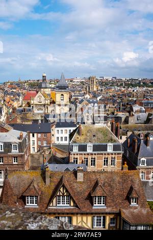 A view across Dieppe with its three main churches  from the chateau  , Normandy , France Dieppe is a fishing port on the Normandy coast of France Stock Photo