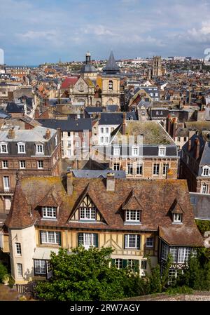 A view across Dieppe with its three main churches  from the chateau  , Normandy , France Dieppe is a fishing port on the Normandy coast of France Stock Photo