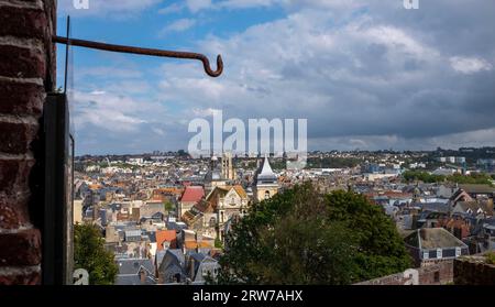 A view across Dieppe with its three main churches  from the chateau  , Normandy , France Stock Photo