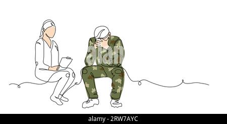 Veteran, soldier and psychotherapist during ptsd therapy session. One continuous line art drawing of mental rehabilitation of soldier Stock Vector