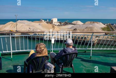 Travellers on the Seven Sisters ferry leaving Dieppe , Normandy  Dieppe is a fishing port on the Normandy coast of northern France Stock Photo