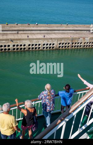 Travellers on the Seven Sisters ferry leaving Dieppe , Normandy  Dieppe is a fishing port on the Normandy coast of northern France Stock Photo