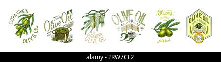 Set of Olive oil and branch of trees logo. Organic vegetarian product in bottle. Green plant badge emblem patch sticker. Engraved hand drawn in old Stock Vector