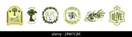 Set of Olive oil and branch of trees logo. Organic vegetarian product in bottle. Green plant badge emblem patch sticker. Engraved hand drawn in old Stock Vector