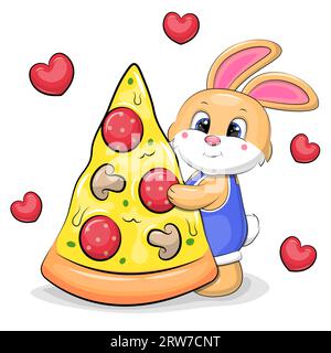 Cute cartoon rabbit with a big piece of pizza. Vector illustration of animal on a white background with red hearts. Stock Vector