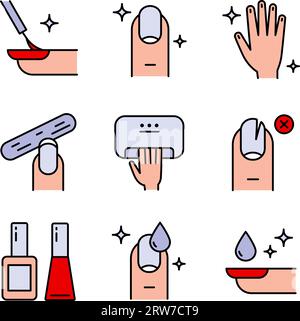 Manicure color icon set. Tools for cosmetic beauty treatment for the fingernails and hands, simple icons. Nail care. Flat illustration. Vector isolate Stock Vector