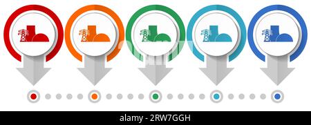 Nuclear power plant vector icon set, flat design infographic template, set pointer concept icons in 5 color options for webdesign and mobile applicati Stock Vector