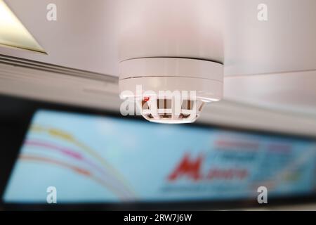 Fire alarm system on the metro train - Moscow, Russia, August 30, 2023 Stock Photo