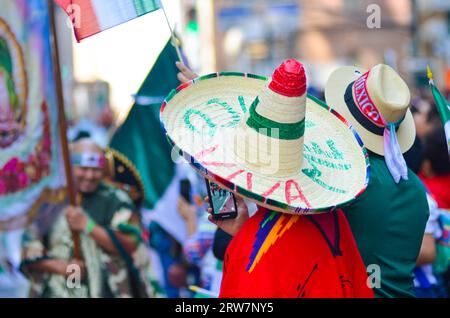 New York, NY, United States. 17th September, 2023. Participant is seen wearing Viva Mexico hat along Madison Avenue during the Annual Mexican Day Parade in New York City. Credit: Ryan Rahman/Alamy Live News Stock Photo