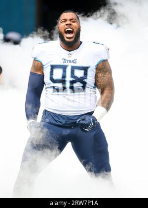 Tennessee Titans linebacker Rashad Weaver (99) watches the Jumbotron during  their game against the New York Giants Sunday, Sept. 11, 2022, in  Nashville, Tenn. (AP Photo/Wade Payne Stock Photo - Alamy