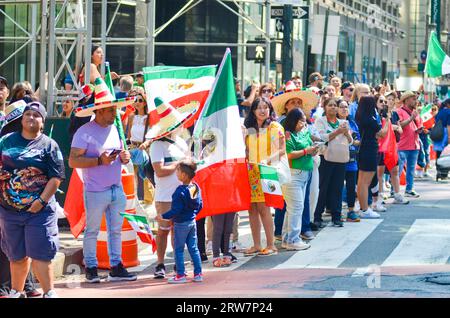 New York, NY, United States. 17th September, 2023. Mexican New Yorkers march along Madison Avenue during the Annual Mexican Day Parade in New York City. Credit: Ryan Rahman/Alamy Live News Stock Photo