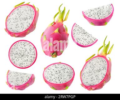 Collection of cut dragon fruits with white flesh isolated on white background Stock Photo