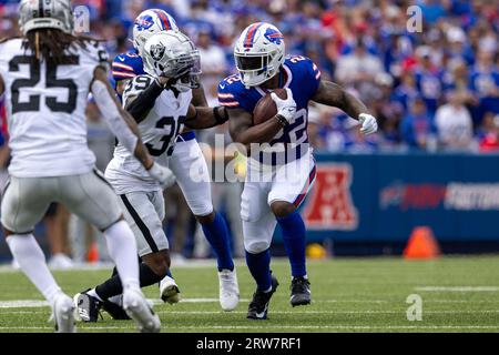 Buffalo Bills running back Damien Harris (22) walks off the field following  an NFL preseason football game against the Chicago Bears, Saturday,  Saturday, Aug. 26, 2023, in Chicago. (AP Photo/Kamil Krzaczynski Stock