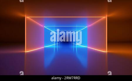 Background of an empty room, corridor. Spotlight, colorful neon light, reflection on tiles. Laser lines, shapes, smog. High quality photo Stock Photo