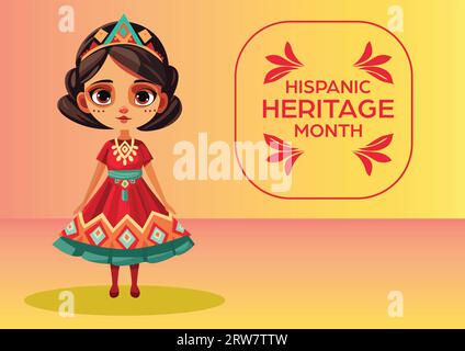 Vibrant postcard featuring a cute girl in Hispanic costume to celebrate Hispanic Heritage Month Stock Vector