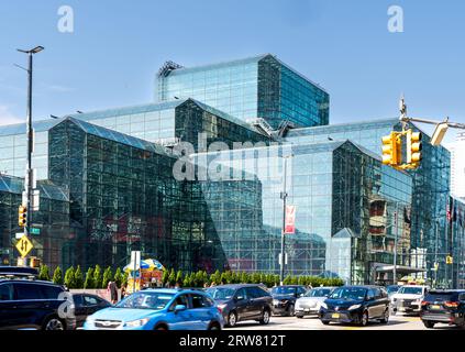 New York, NY - US - Sept 7, 2023 Closeup of The Jacob K. Javits Convention Center, commonly known as the Javits Center, is a large convention center o Stock Photo