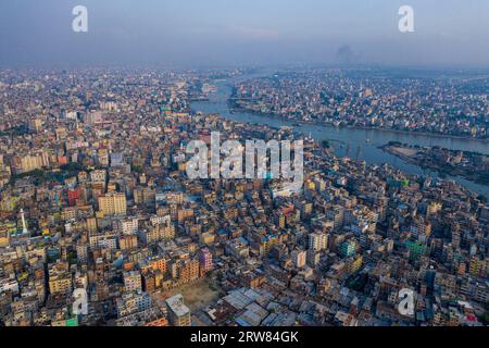 Dhaka, Bangladesh - October 15, 2023: Aerial view of Dhaka city and the Buriganga River. Stock Photo