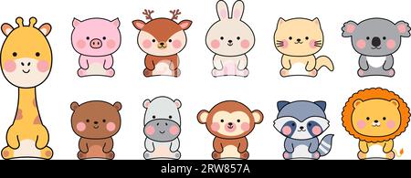 Tiny kawaii zoo animals. Cute animal, zoo characters stickers in korean or japanese graphic style. Giraffe, leo, raccoon and kitty nowaday vector set Stock Vector