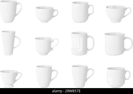 Isolated realistic white cup, drinking mug. 3d coffee cups, mugs mockup design. Beverages ceramic crockery, different pithy vector elements Stock Vector
