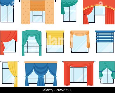 Window curtains and blinds. Isolated windows with fabric decor, flat interior decorative design. Modern and retro drapes decent vector set Stock Vector