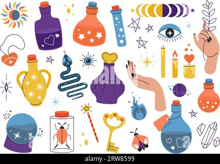 Isolated doodle magic elements. Witchcraft mystical icons, witch crystal globe and potion. Wizard snake, amulet and mystic herbs decent vector set Stock Vector